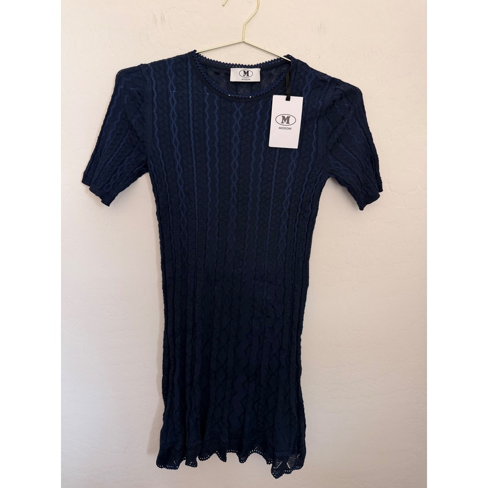 M Missoni Navy Blue Summer Knit Short Sleeve Scalloped Hem Dress Size S NWT